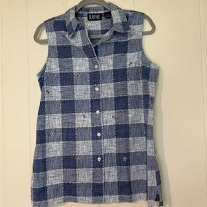 Vintage Blasport Sleeveless Blue Plaid Button-Up Top with floral embroidery